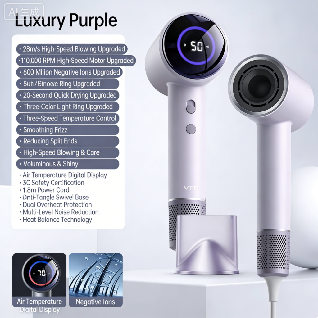 High-Speed Bladeless Hair Dryer, 110V/220V, Negative Ion, Ultra Quiet