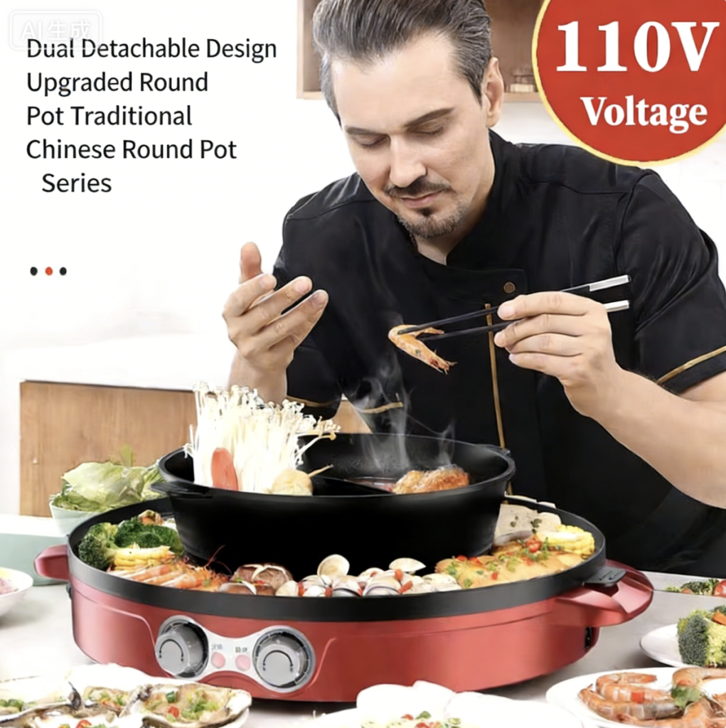 110V Export Small Appliance, 44CM 2-in-1 Hot Pot & Grill, Mandarin Duck Pot, Smokeless Electric BBQ Pan, Large Capacity
