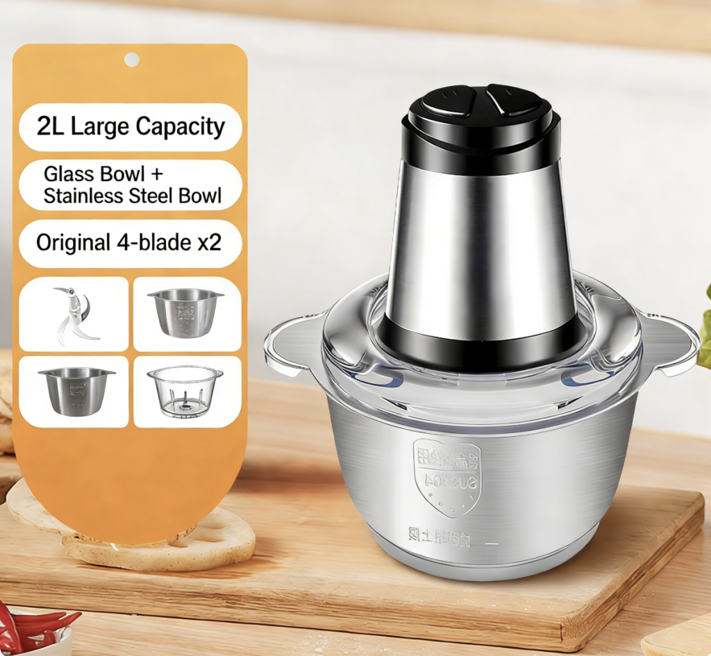 110V Electric Meat Grinder, Stainless Steel Dual-Blade Mini Kitchen Appliance for Mincing Meat/Garlic/Seasonings